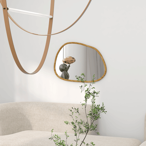 HOMCOM Espelho de Parede Decorativo 70x50 cm Espelho de Casa de Banho com Forma Irregular e Moldura de Madeira para Sala Entrada Corredor Horizontal ou Vertical Natural