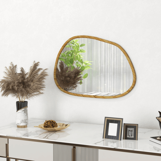 HOMCOM Espelho de Parede Decorativo 70x50 cm Espelho de Casa de Banho com Forma Irregular e Moldura de Madeira para Sala Entrada Corredor Horizontal ou Vertical Natural