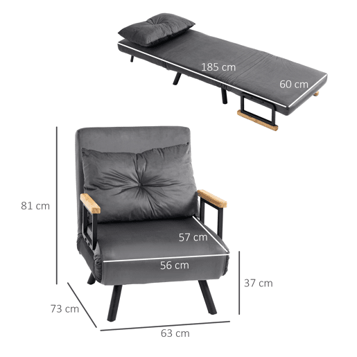 HOMCOM Poltrona Convertível em Cama Dobrável Poltrona 3 em 1 Convertível em Cama com Encosto Ajustável em 5 Níveis e Almofada Acolchoada para Escritório Sala de Estar Carga 120 kg 63x73x81 cm Cinza