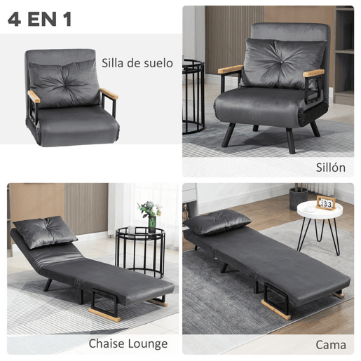 HOMCOM Poltrona Convertível em Cama Dobrável Poltrona 3 em 1 Convertível em Cama com Encosto Ajustável em 5 Níveis e Almofada Acolchoada para Escritório Sala de Estar Carga 120 kg 63x73x81 cm Cinza