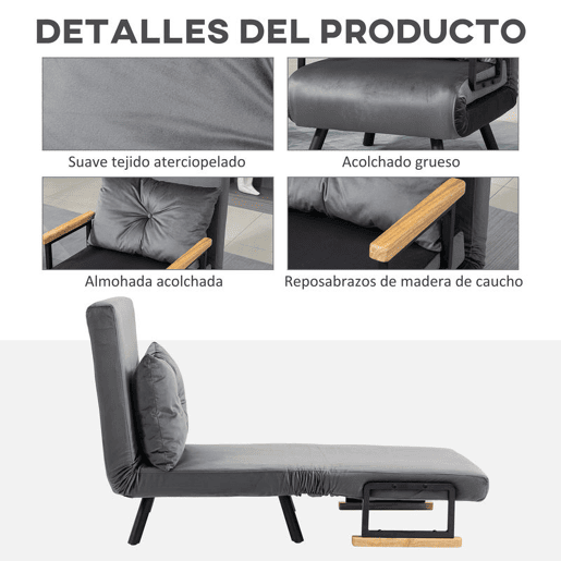 HOMCOM Poltrona Convertível em Cama Dobrável Poltrona 3 em 1 Convertível em Cama com Encosto Ajustável em 5 Níveis e Almofada Acolchoada para Escritório Sala de Estar Carga 120 kg 63x73x81 cm Cinza