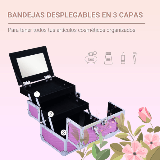 HOMCOM Estojo de Maquiagem Profissional Portátil de Cosméticos com Bandejas de 3 Níveis e Espelho 2 Chaves para Porta-Joias Manicure 15x15x20cm Rosa