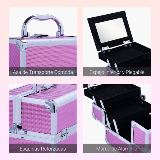 HOMCOM Estojo de Maquiagem Profissional Portátil de Cosméticos com Bandejas de 3 Níveis e Espelho 2 Chaves para Porta-Joias Manicure 15x15x20cm Rosa