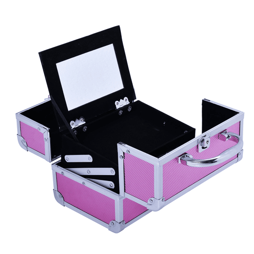 HOMCOM Estojo de Maquiagem Profissional Portátil de Cosméticos com Bandejas de 3 Níveis e Espelho 2 Chaves para Porta-Joias Manicure 15x15x20cm Rosa