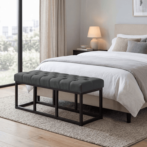 Banco Amun tapizado en tela con estructura negra Gris oscuro 38X100X46 cm Banco Amun tapizado en tela con estructura negra Gris oscuro 38X100X46 cm