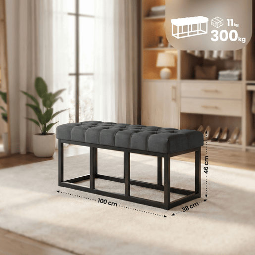 Banco Amun tapizado en tela con estructura negra Gris oscuro 38X100X46 cm Banco Amun tapizado en tela con estructura negra Gris oscuro 38X100X46 cm