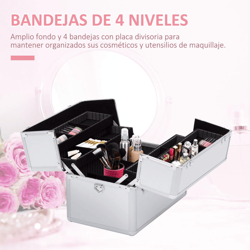 HOMCOM Mala de Maquilhagem Estojo de Maquilhagem de 3 Níveis para Cosméticos Joias Maquilhagem 36,5x24x29cm Prata