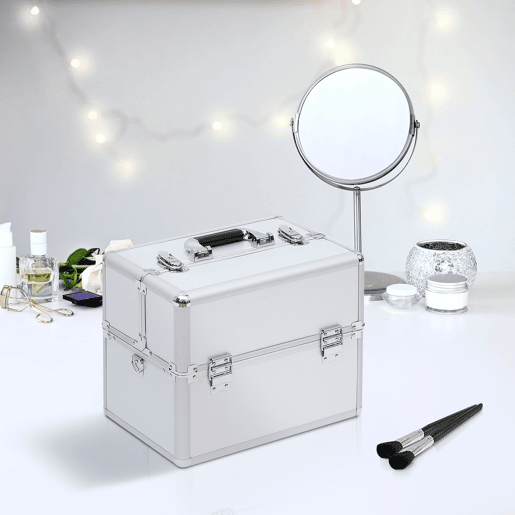 HOMCOM Mala de Maquilhagem Estojo de Maquilhagem de 3 Níveis para Cosméticos Joias Maquilhagem 36,5x24x29cm Prata