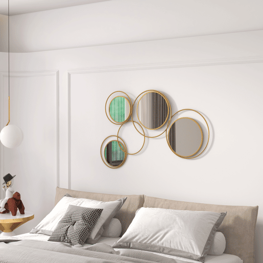 HOMCOM Espelho Decorativo de Parede em Metal 3D Decoração de Parede Metálica com 4 Espelhos Redondos para Sala Quarto Corredor 110x68 cm Dourado