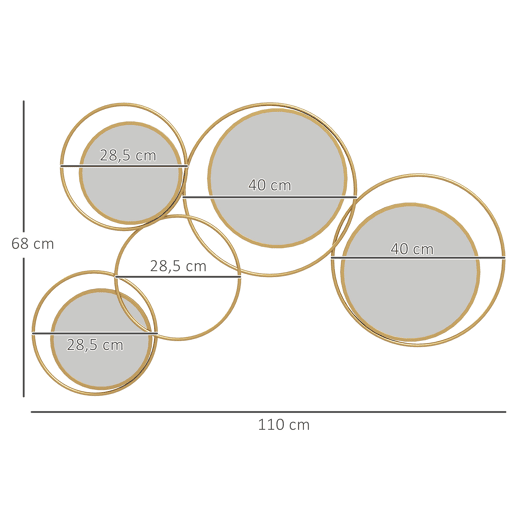HOMCOM Espelho Decorativo de Parede em Metal 3D Decoração de Parede Metálica com 4 Espelhos Redondos para Sala Quarto Corredor 110x68 cm Dourado
