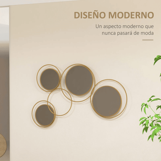 HOMCOM Espelho Decorativo de Parede em Metal 3D Decoração de Parede Metálica com 4 Espelhos Redondos para Sala Quarto Corredor 110x68 cm Dourado