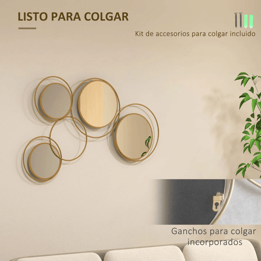 HOMCOM Espelho Decorativo de Parede em Metal 3D Decoração de Parede Metálica com 4 Espelhos Redondos para Sala Quarto Corredor 110x68 cm Dourado