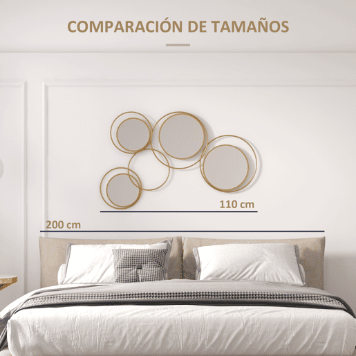 HOMCOM Espelho Decorativo de Parede em Metal 3D Decoração de Parede Metálica com 4 Espelhos Redondos para Sala Quarto Corredor 110x68 cm Dourado