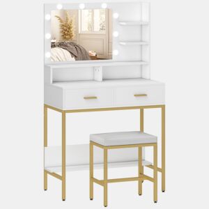 HOMCOM Toucador de Maquilhagem com Luz e Banco Mesa de Maquilhagem com 2 Gavetas e Prateleiras de Armazenamento Estilo Moderno para Quarto Branco