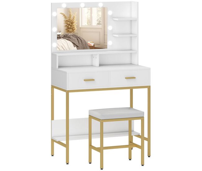 Homcom tocador de maquillaje con luz y taburete mesa de maquillaje con 2 cajones y estantes de almacenamiento estilo moderno tocador para dormitorio