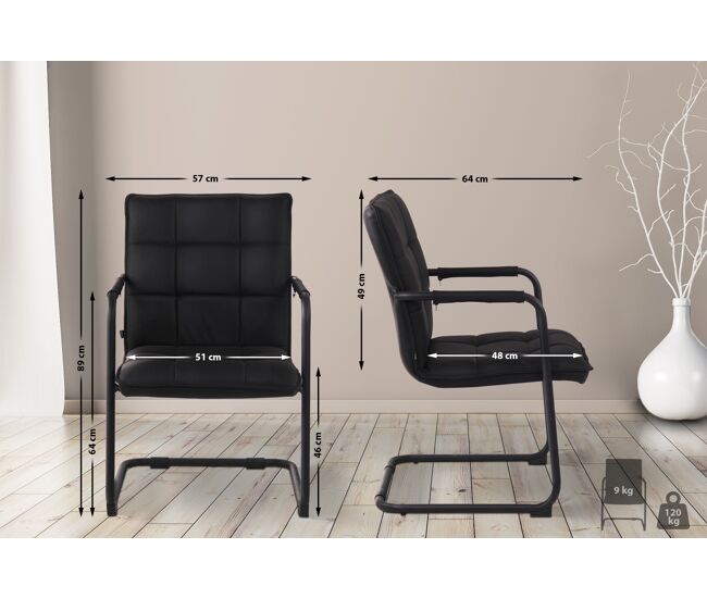 Silla De Conferencia Gandia En Cuero Auténtico Negro 64X57X89 cm
