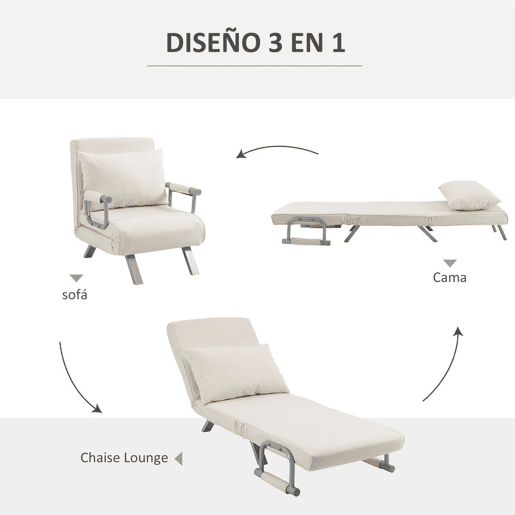 HOMCOM Sofá Cama Individual Poltrona Cama Individual Sofá Reclinável com Almofada para Sala Quarto Escritório Carga 100 kg 65x69x80 cm Creme