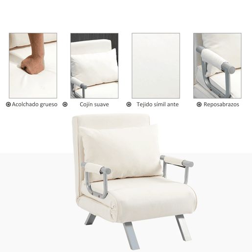 HOMCOM Sofá Cama Individual Poltrona Cama Individual Sofá Reclinável com Almofada para Sala Quarto Escritório Carga 100 kg 65x69x80 cm Creme
