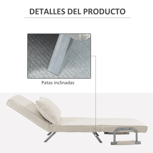 HOMCOM Sofá Cama Individual Poltrona Cama Individual Sofá Reclinável com Almofada para Sala Quarto Escritório Carga 100 kg 65x69x80 cm Creme
