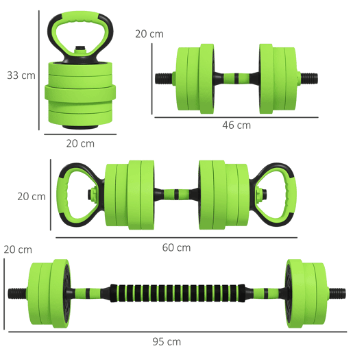 SPORTNOW Conjunto de Halteres 20kg 4 em 1 Conjunto de Pesos com Kettlebell Barra de Pesos para Treino de Força em Casa Ginásio Escritório Verde