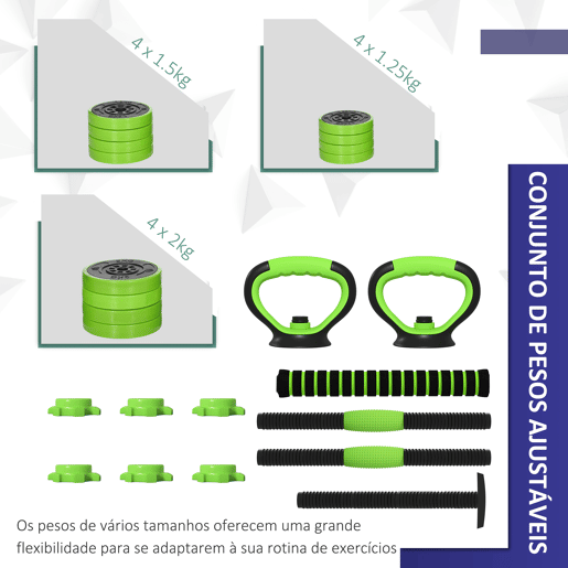 SPORTNOW Conjunto de Halteres 20kg 4 em 1 Conjunto de Pesos com Kettlebell Barra de Pesos para Treino de Força em Casa Ginásio Escritório Verde