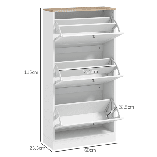 HOMCOM Sapateira Estreita com 3 Portas, Sapateira para Entrada ou Hall para 18 Pares de Sapatos, com Prateleiras Ajustáveis, 60x23,5x115 cm, Branco