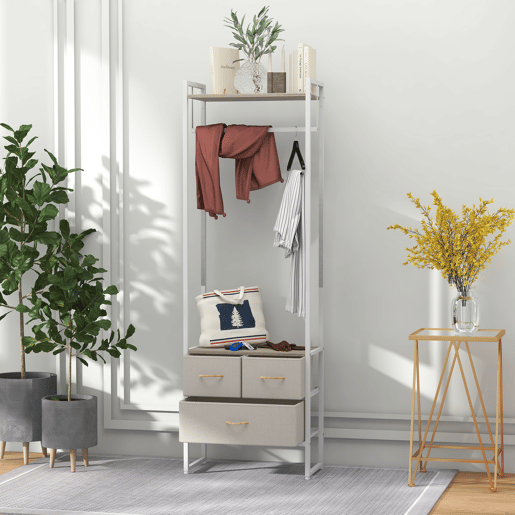 HOMCOM Suporte para Cabides com 3 Gavetas de Tecido Barra para Pendurar e Prateleira de Armazenamento para Entrada Quarto Sala 58,5x30x178 cm Natural