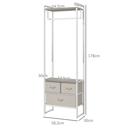 HOMCOM Suporte para Cabides com 3 Gavetas de Tecido Barra para Pendurar e Prateleira de Armazenamento para Entrada Quarto Sala 58,5x30x178 cm Natural