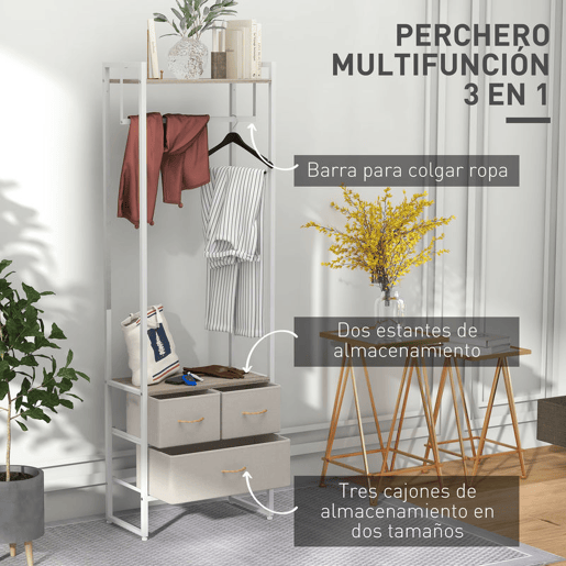 HOMCOM Suporte para Cabides com 3 Gavetas de Tecido Barra para Pendurar e Prateleira de Armazenamento para Entrada Quarto Sala 58,5x30x178 cm Natural
