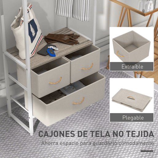HOMCOM Suporte para Cabides com 3 Gavetas de Tecido Barra para Pendurar e Prateleira de Armazenamento para Entrada Quarto Sala 58,5x30x178 cm Natural