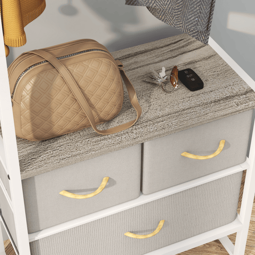 HOMCOM Suporte para Cabides com 3 Gavetas de Tecido Barra para Pendurar e Prateleira de Armazenamento para Entrada Quarto Sala 58,5x30x178 cm Natural