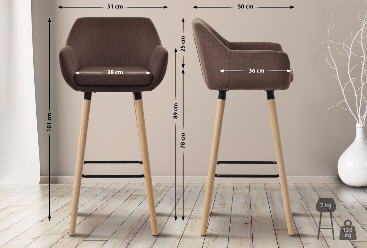 Juego de 2 taburetes de bar grant de tela café 50x51x101 cm