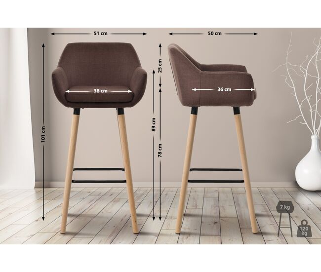 Juego de 2 taburetes de bar grant de tela café 50x51x101 cm
