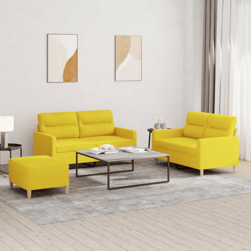 vidaXL 3 pcs conjunto de sofás com almofadões tecido amarelo-claro vidaXL 3 pcs conjunto de sofás com almofadões tecido amarelo-claro