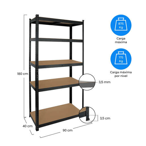 Pack 2 Prateleiras Modulares Pretas com 5 Prateleiras Ajustáveis u200Bu200B180x90x40cm 875Kg 7house