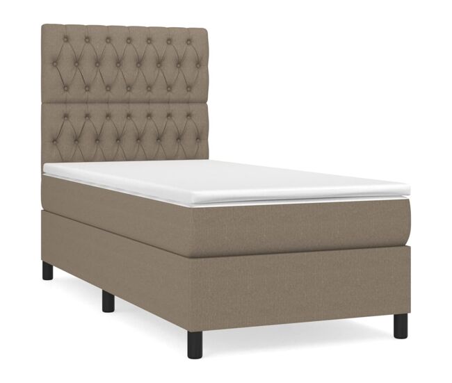 Cama box spring con colchón tela gris taupe 100x200 cm diseño de botones
