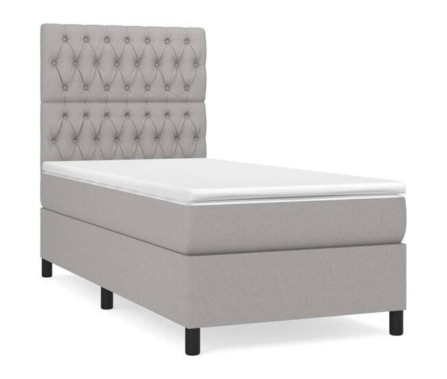 Cama box spring con colchón tela gris claro 100x200 cm diseño de botones