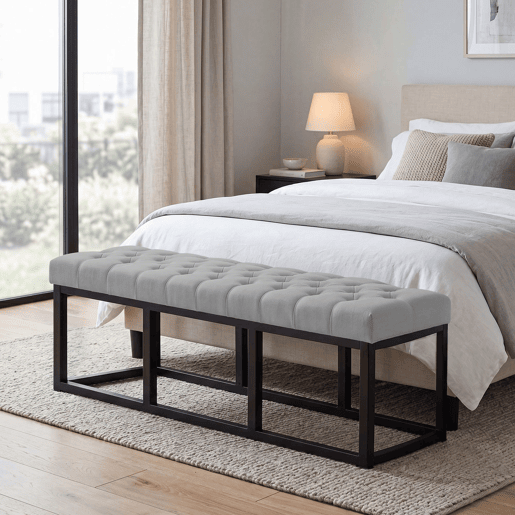 Banco Amun tapizado en tela con estructura negra Gris 38X150X46 cm