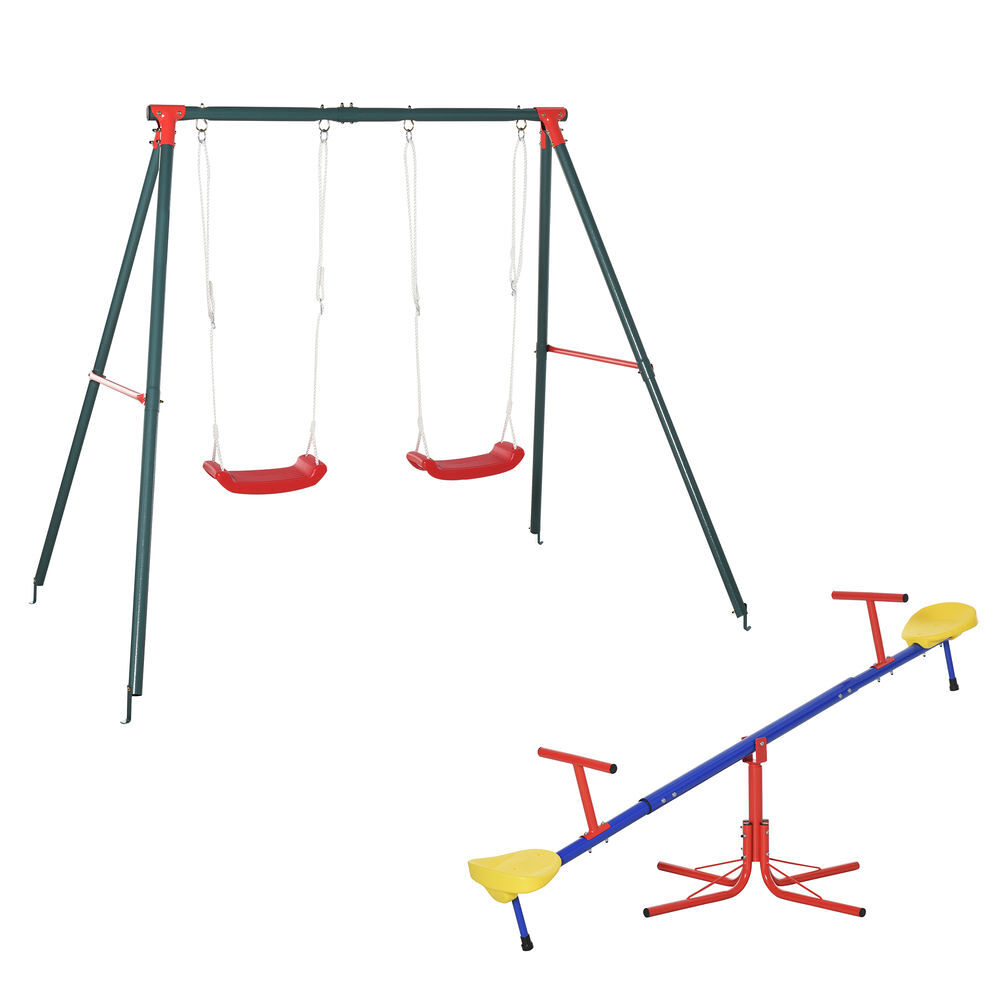 Outsunny conjunto para niños juego de balancín para niños giratorio 360° y columpio doble infantil con cuerda ajustable para jardín parque 184x76x71 cm 239x156x180 cm multicolor