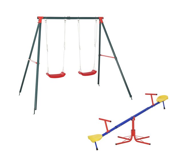 Outsunny conjunto para niños juego de balancín para niños giratorio 360° y columpio doble infantil con cuerda ajustable para jardín parque 184x76x71 cm 239x156x180 cm multicolor