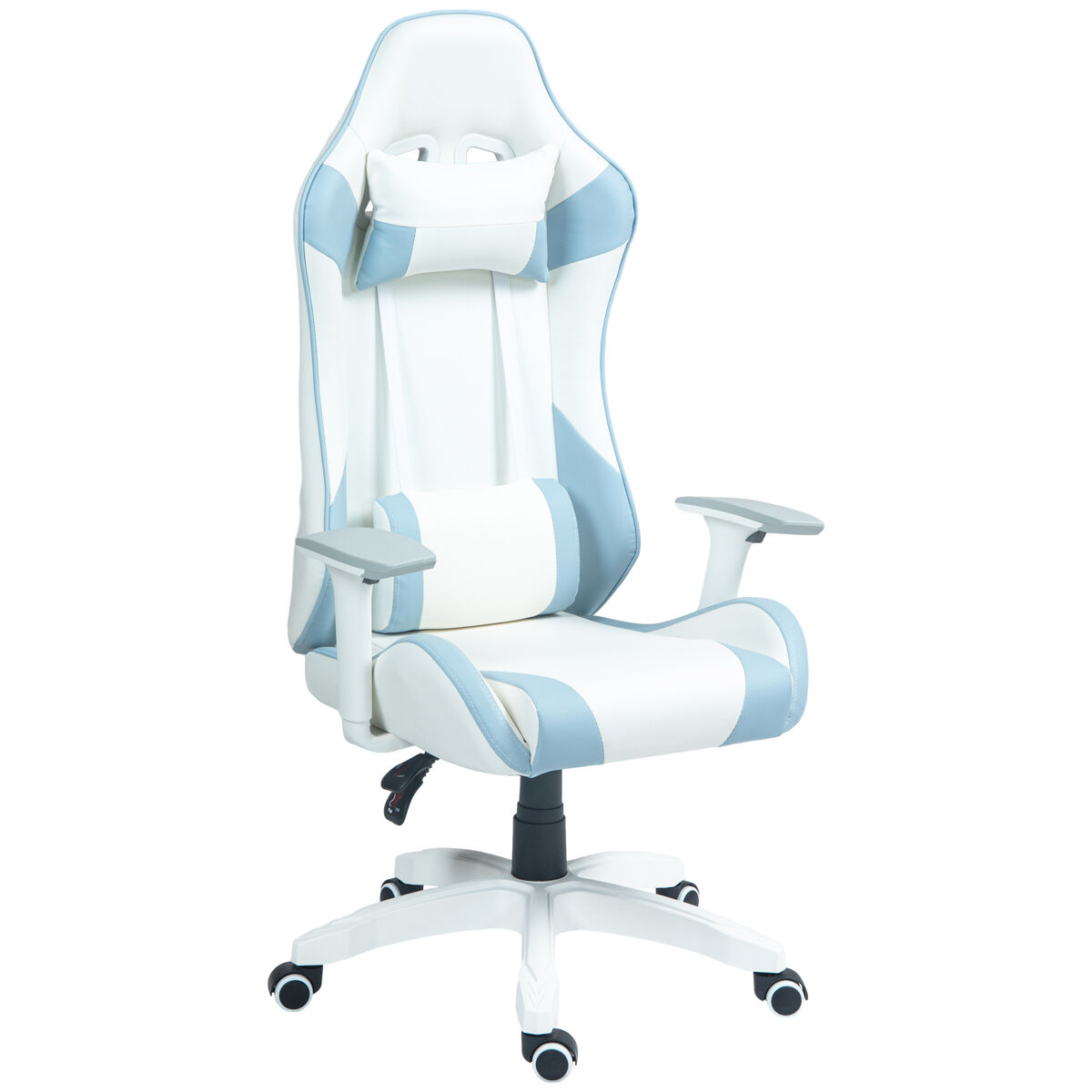 Homcom silla gaming reclinable silla gamer giratoria sillón gamer profesional con cojín lumbar reposabrazos 3d reposacabezas extraíble y altura ajustable blanco y azul