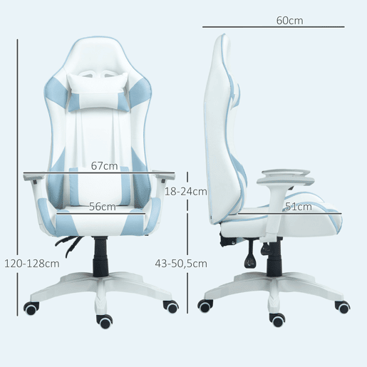 HOMCOM Cadeira Gaming Reclinável Cadeira Gamer Giratória com Almofada Lombar Apoios de Braços Ajustáveis Apoio de Cabeça Basculante e Altura Ajustável para Escritório 67x60x120-128 cm Branco e Azul