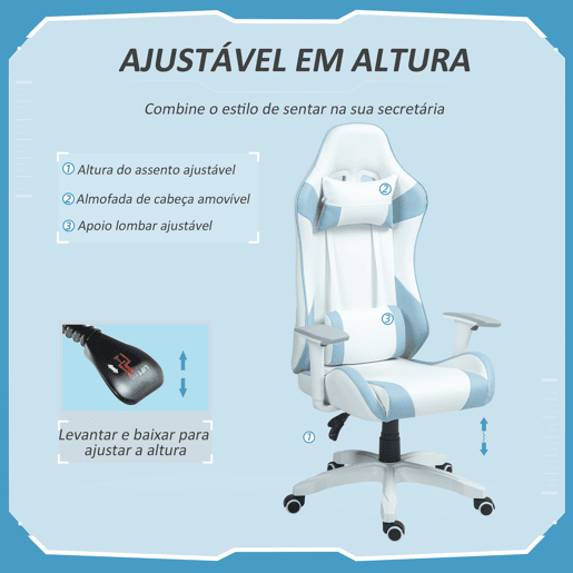 HOMCOM Cadeira Gaming Reclinável Cadeira Gamer Giratória com Almofada Lombar Apoios de Braços Ajustáveis Apoio de Cabeça Basculante e Altura Ajustável para Escritório 67x60x120-128 cm Branco e Azul