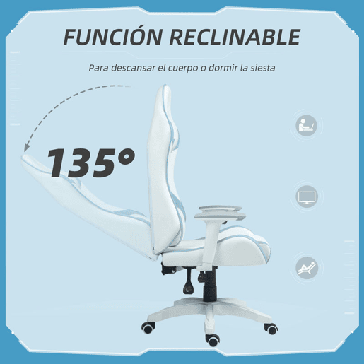 HOMCOM Cadeira Gaming Reclinável Cadeira Gamer Giratória com Almofada Lombar Apoios de Braços Ajustáveis Apoio de Cabeça Basculante e Altura Ajustável para Escritório 67x60x120-128 cm Branco e Azul