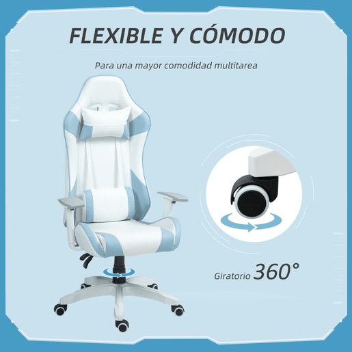 HOMCOM Cadeira Gaming Reclinável Cadeira Gamer Giratória com Almofada Lombar Apoios de Braços Ajustáveis Apoio de Cabeça Basculante e Altura Ajustável para Escritório 67x60x120-128 cm Branco e Azul