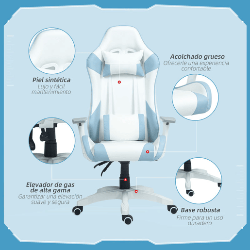 HOMCOM Cadeira Gaming Reclinável Cadeira Gamer Giratória com Almofada Lombar Apoios de Braços Ajustáveis Apoio de Cabeça Basculante e Altura Ajustável para Escritório 67x60x120-128 cm Branco e Azul