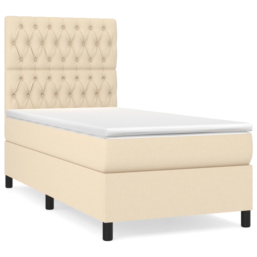 Cama box spring con colchón tela color crema 100x200 cm diseño de botones