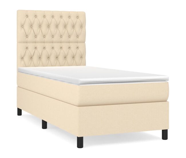 Cama box spring con colchón tela color crema 100x200 cm diseño de botones