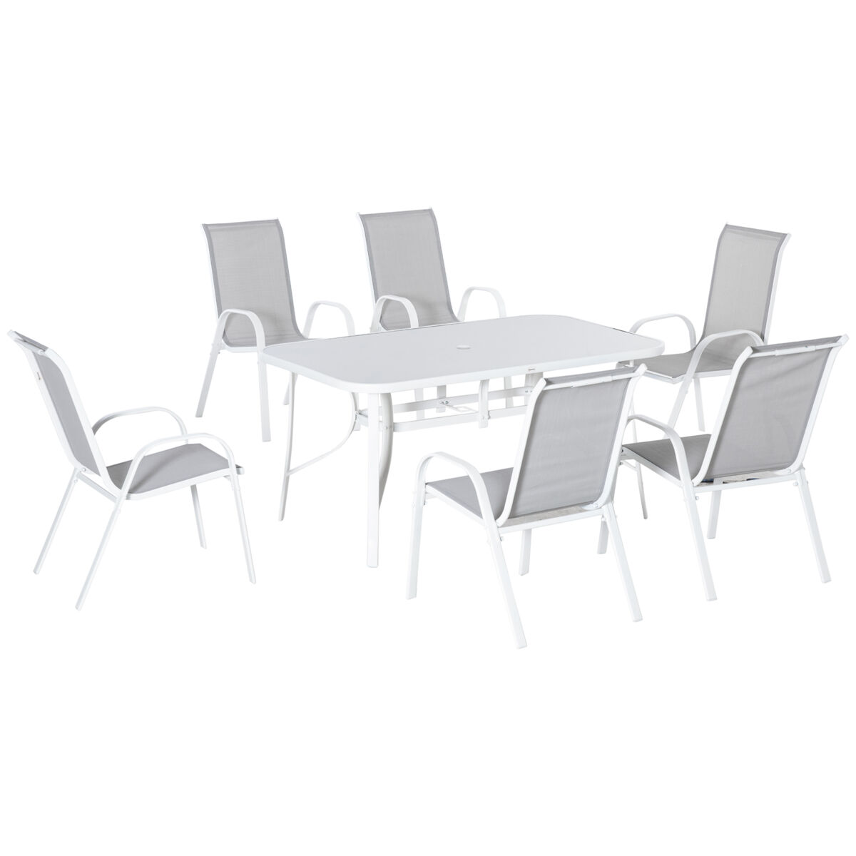 Outsunny conjunto de muebles de jardín de 7 piezas juego de mesa y 6 sillas para terraza con orificio para sombrilla y encimera de cristal para terraza patio gris
