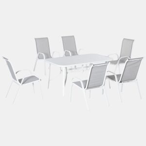 Outsunny Conjunto de Mesa e Cadeiras de Jardim com 7 Peças, Móveis de Jardim Exterior com Mesa e 6 Cadeiras para Terraço com Orifício para Guarda-Sol e Tampo de Vidro, para Terraço e Pátio, Cinzento